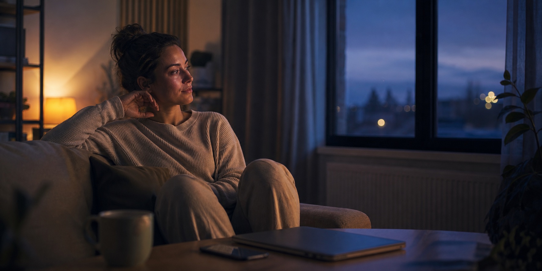Eine Frau sitzt nach Feierabend am Fenster; der Laptop vor ihr ist geschlossen