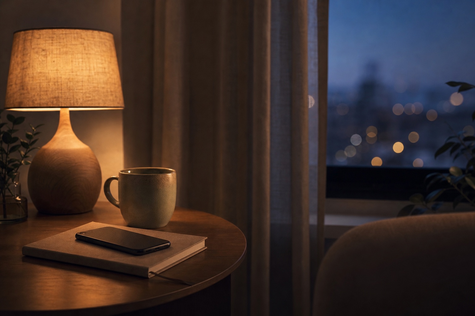 Eine warme Lampe, eine Tasse, ein geschlossenes Notizbuch und ein ruhendes Smartphone am Abend